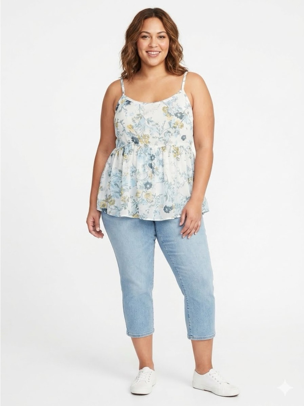 torrid Floral Peplum Cami Tank Top – White with Blue & Yellow Floral - Picture 1 of 3